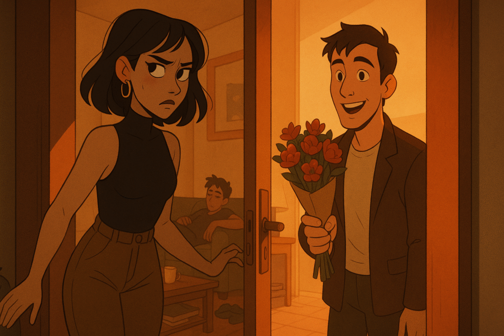 A woman at her apartment door speaks to a man holding flowers, while a second man hides behind the couch.