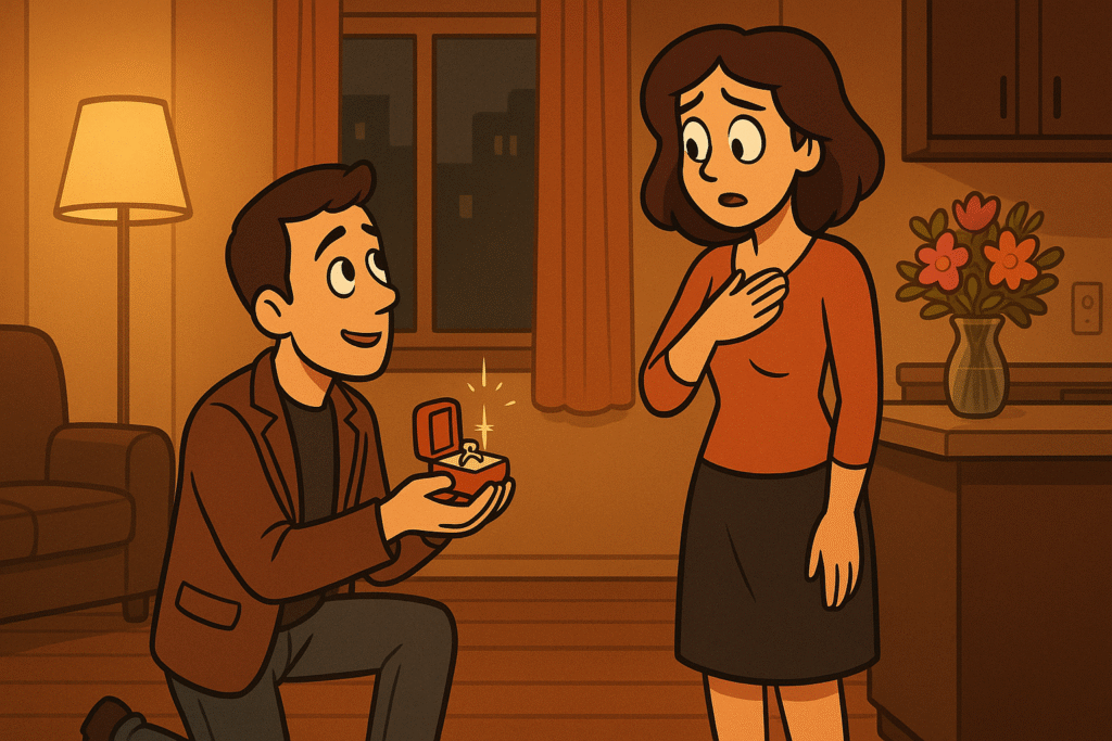 A man kneels inside a small apartment holding an engagement ring while a woman feigns surprise.