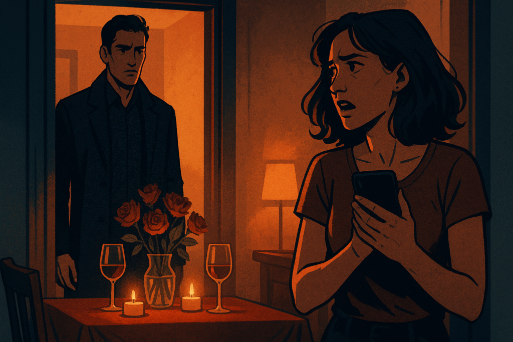 A man stands in a doorway, looking suspiciously at the flowers on the table and mood lighting.