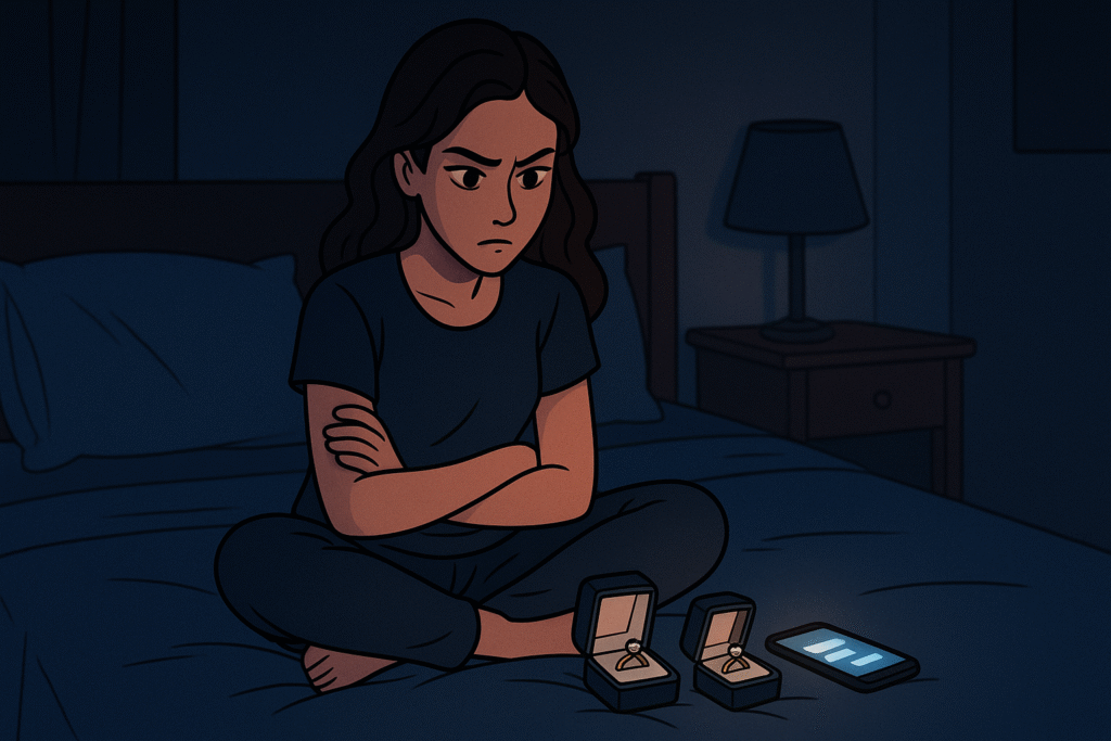 A woman sits in bed at night, staring at two engagement rings, phone glowing nearby.