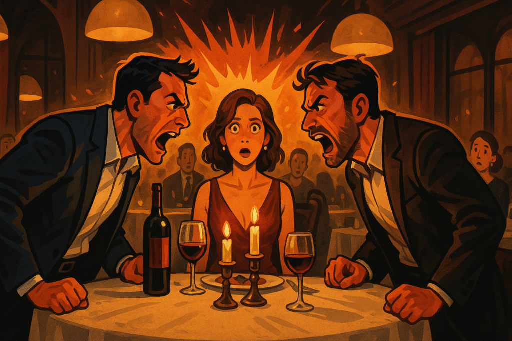 Two men stand at a restaurant table facing each other, while a woman sits between them, frozen.