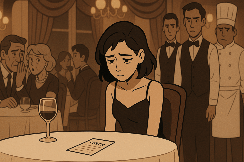 A woman sits alone at a table, head down, as diners whisper and the waiter holds a check.