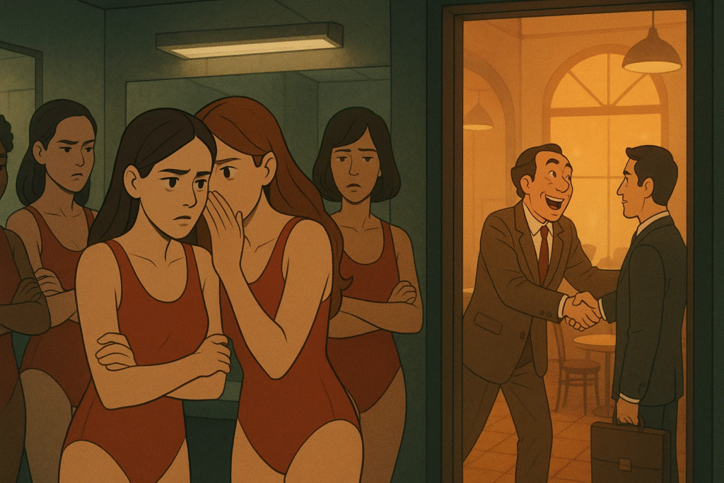 Animated scene of women in red swimsuits standing uncomfortably in a café’s backroom while their boss greets a wealthy-looking man in a suit. The women look tense and uneasy, showing the pressure they’re under.