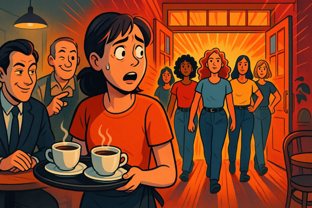 Animated image of a woman in a swimsuit serving drinks to a man making a lewd comment, while her boss watches approvingly. Suddenly, other women in casual clothes burst through the door, standing united and defiant. The moment is bold and emotional.