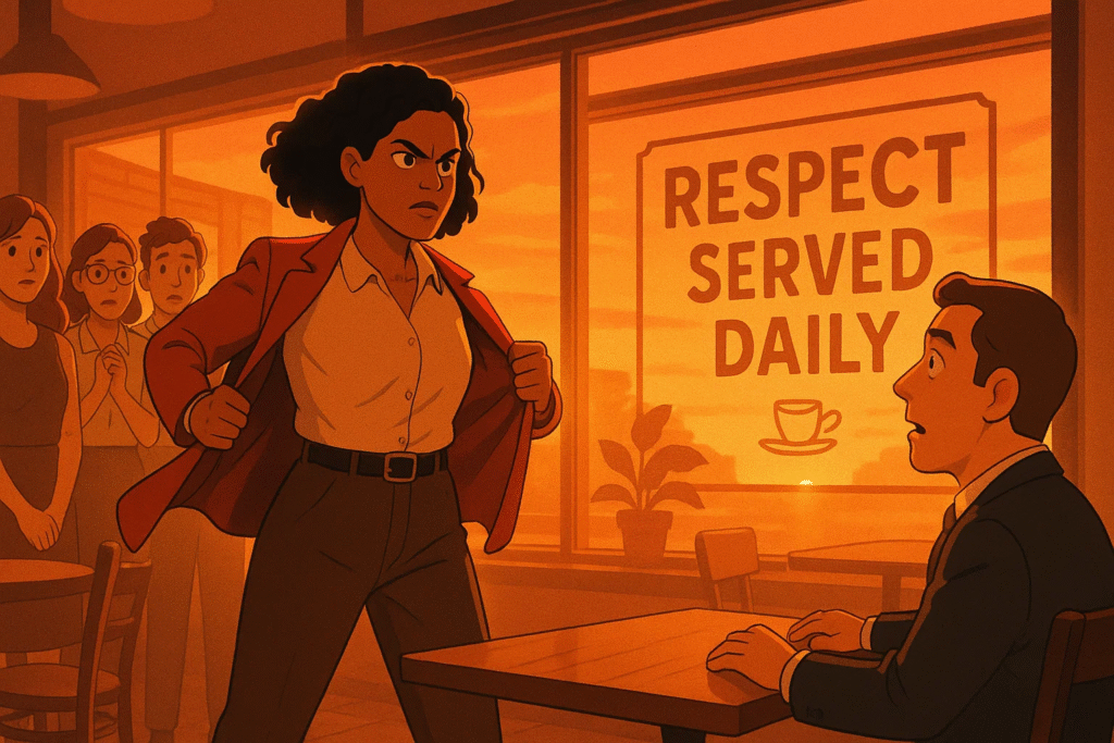 Animated image of a female investor revealing her identity and confronting the stunned café boss. The staff watch in awe. The final scene shows the café at sunset with a new sign reading “Respect Served Daily.” The tone is powerful and redemptive.