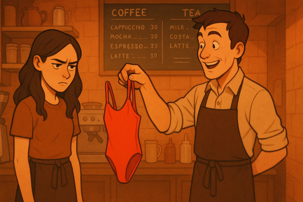 Animated image of a woman in a café backroom staring at a red swimsuit her boss is holding out. She looks shocked and upset, while he grins smugly. The lighting is moody, and the atmosphere suggests coercion and discomfort.