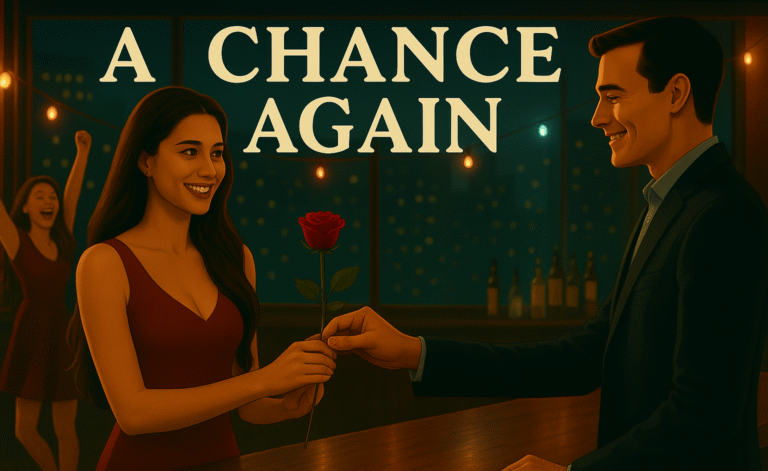 Romantic moment at a bar with a smiling woman in a red dress receiving a rose from a man in a suit, under string lights, with a joyful girl cheering in the background