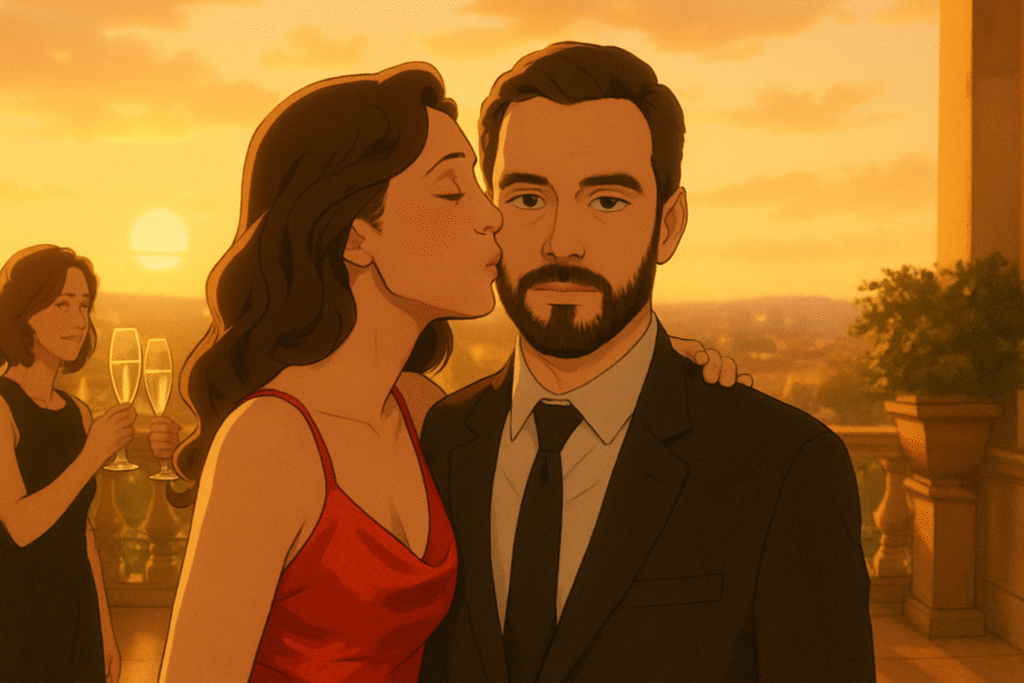 Man receives a birthday toast from his wife in a red dress, hiding betrayal behind a smile.