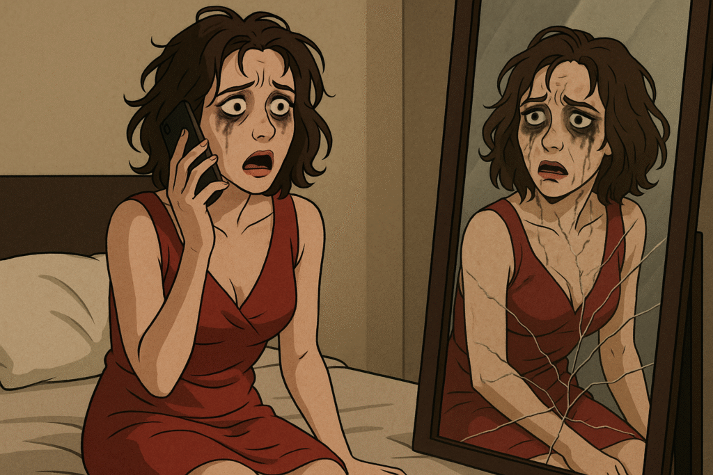 A woman in a red dress listens in fear to a call threatening to expose her cheating.