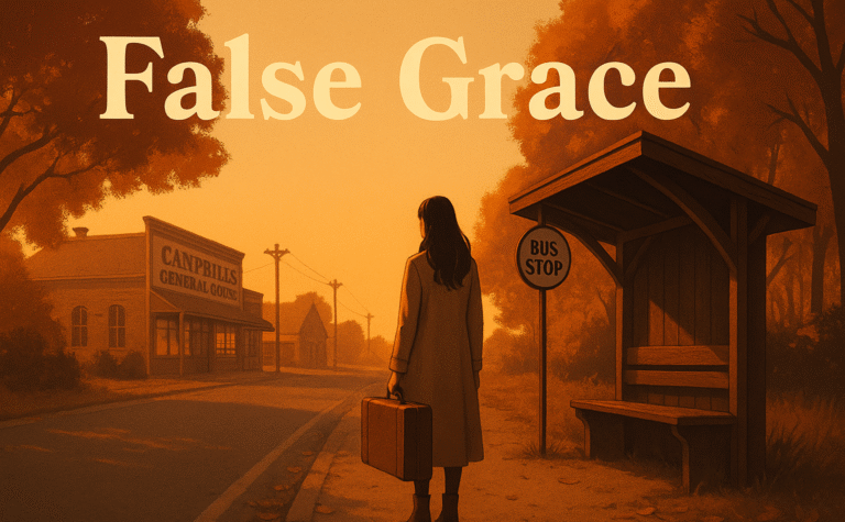 A woman in a long coat stands at a rural bus stop with one suitcase, staring toward a small-town main street with old signage.