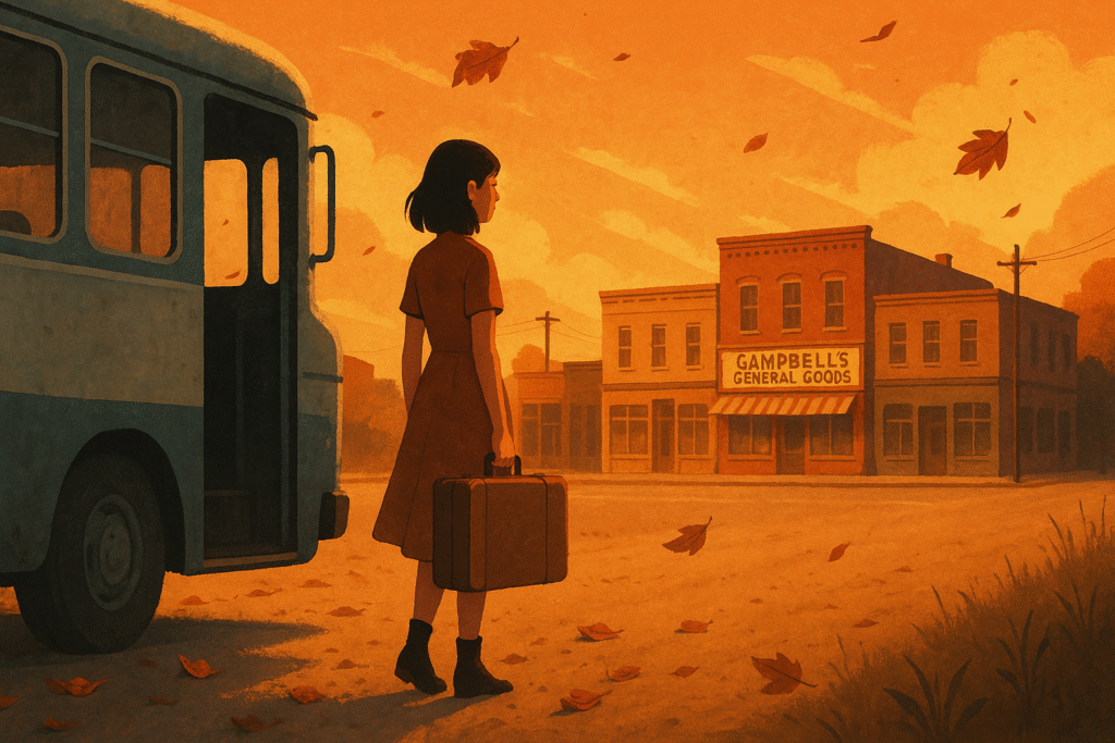  A woman with a suitcase stands alone at a rural bus stop, looking toward a quiet small-town main street at dusk.