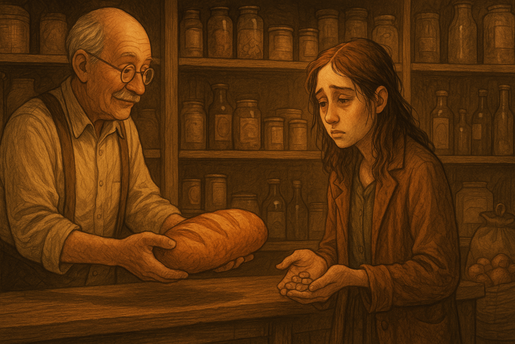  A kind older man in suspenders hands a loaf of bread to a tired young woman pretending to count coins.