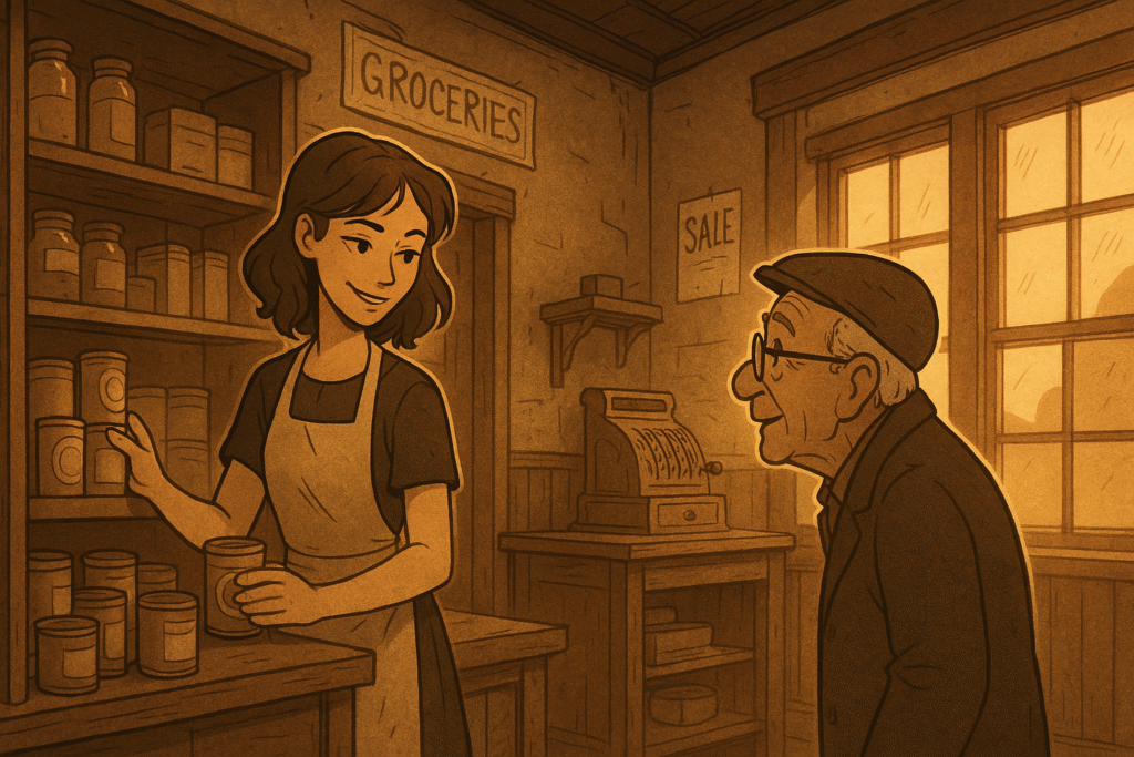 A modestly dressed woman stocks shelves in a small-town grocery store, smiling softly at a local customer.