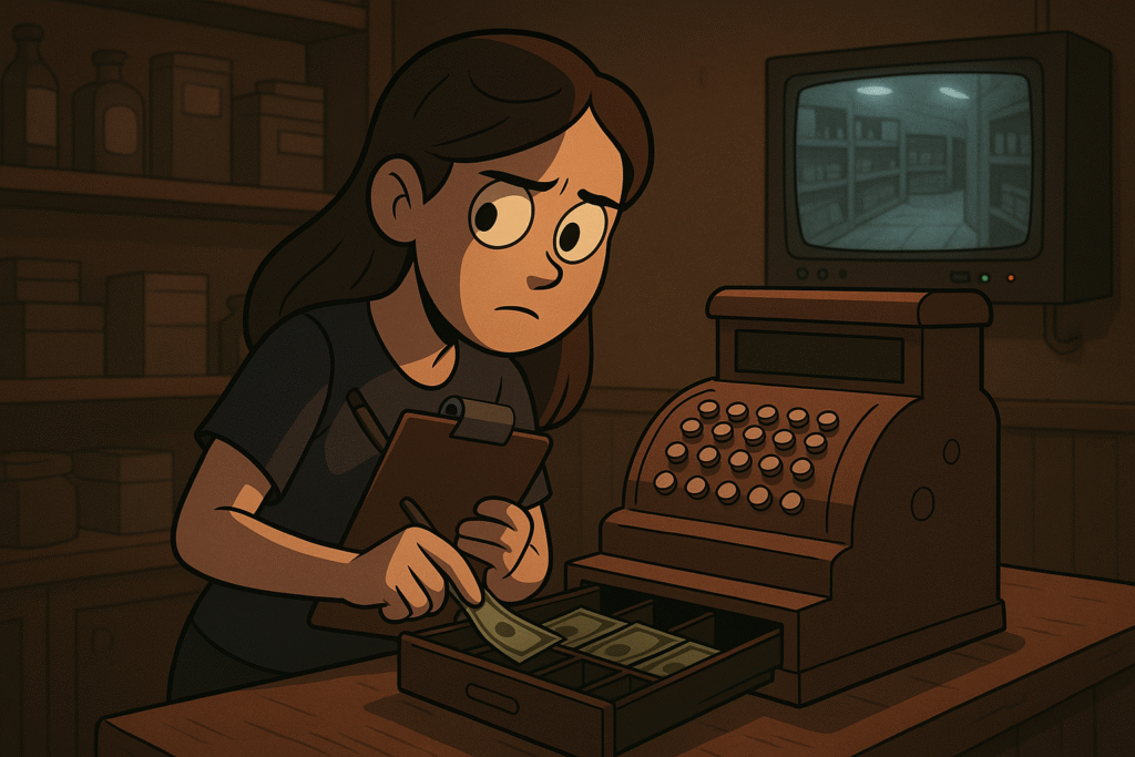 The woman quietly removes money from the register while adjusting numbers on a clipboard.