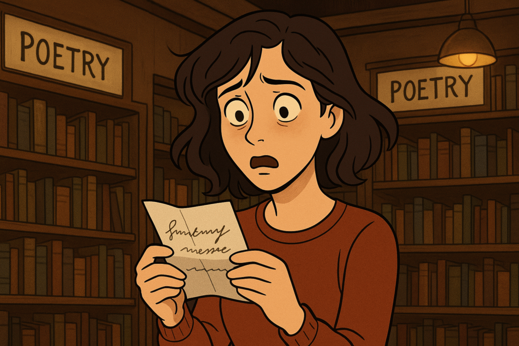 A woman behind a bookstore counter holds a crumpled grocery receipt with a handwritten note.