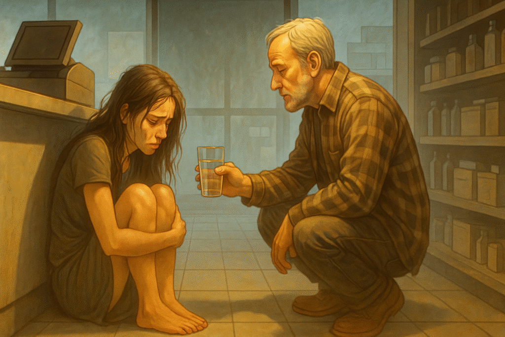 A woman cries on the floor of the store while a stern older man offers her a glass of water