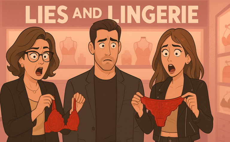 Middle-aged woman and her daughter discover they’re dating the same man while shopping for lingerie.