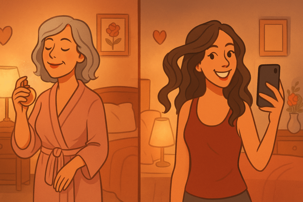 A mother and daughter unknowingly prepare for dates with the same man in separate rooms.