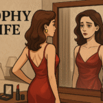 A woman in a red gown gazes at herself in the mirror, her beauty shadowed by sadness.