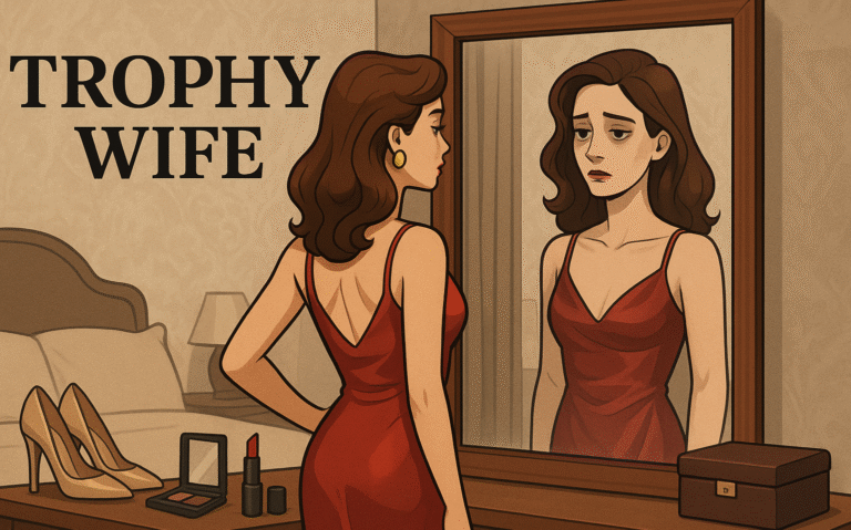 A woman in a red gown gazes at herself in the mirror, her beauty shadowed by sadness.
