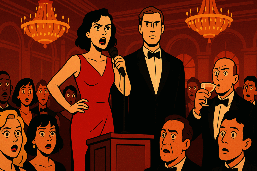 Elisa speaks her truth to a frozen crowd, shattering the party’s illusion.