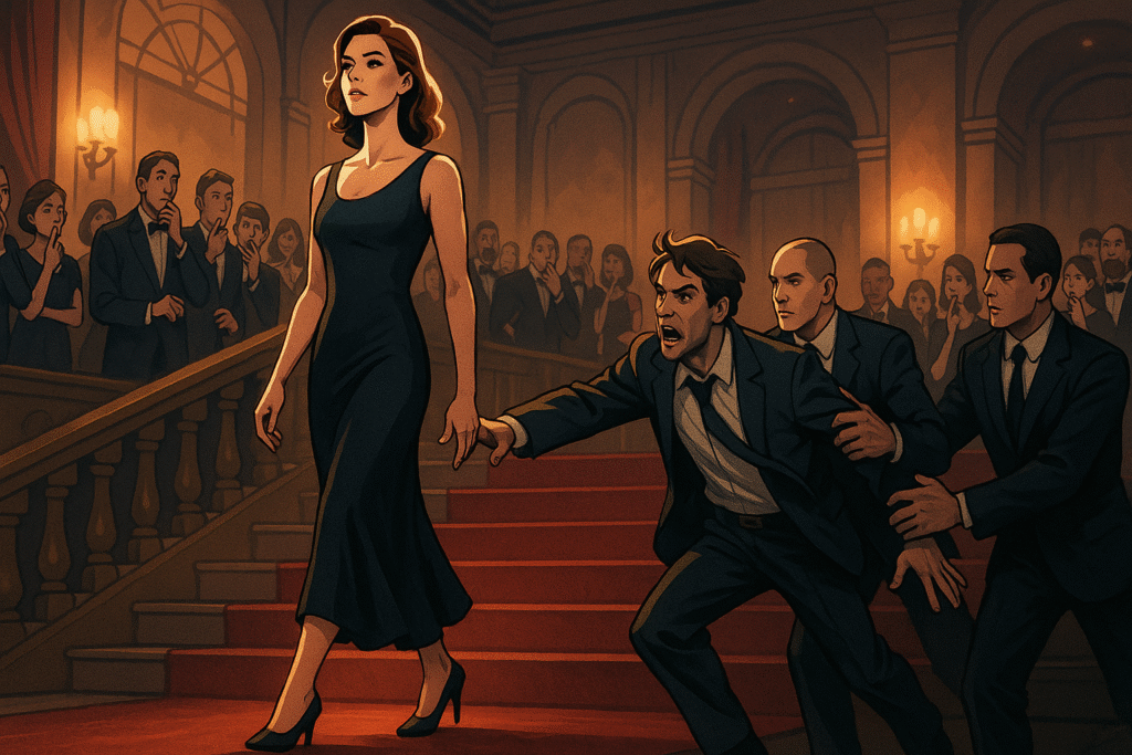 Elisa leaves the stage and the shame behind, walking into freedom.