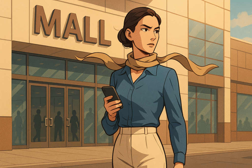  A confident woman stands outside a shopping mall, scarf blowing, phone in hand, dressed in a blue blouse and cream slacks.