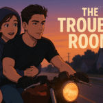 Teenage girl rides on the back of a motorcycle, hoodie pulled over her head, as they speed through a quiet neighborhood at dusk.