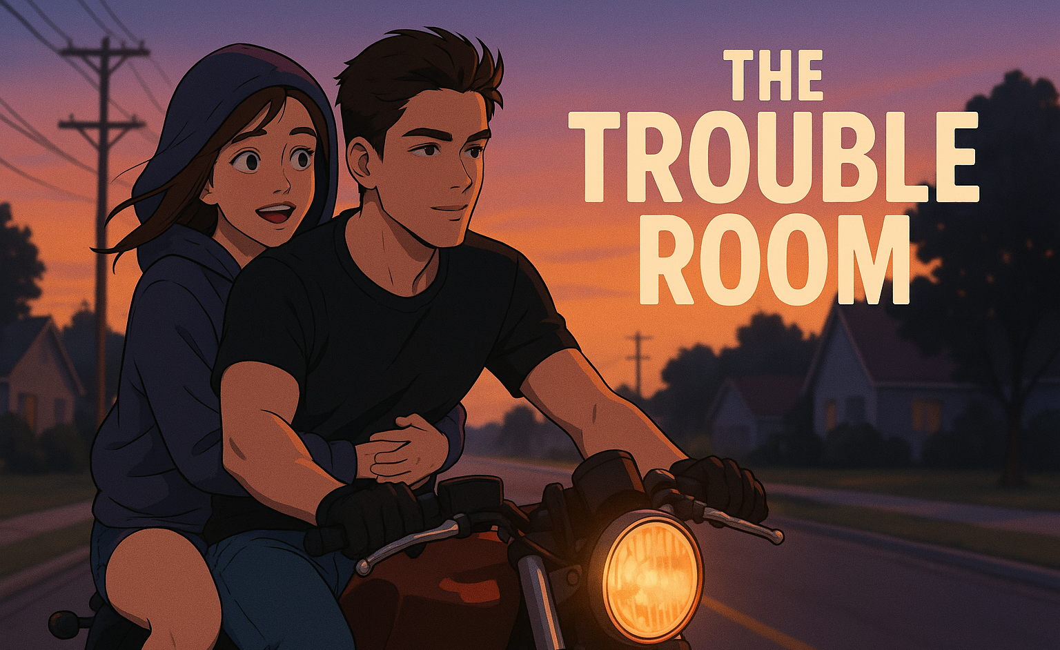 Teenage girl rides on the back of a motorcycle, hoodie pulled over her head, as they speed through a quiet neighborhood at dusk.