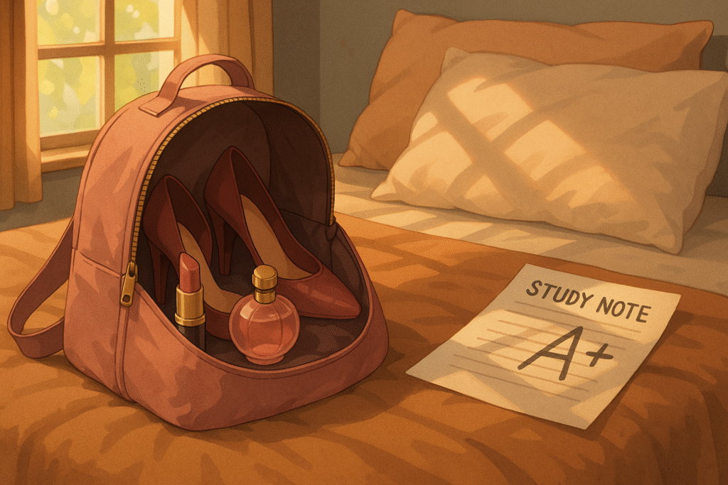 A rebellious teenage girl’s bag sits open, revealing makeup and heels instead of books.