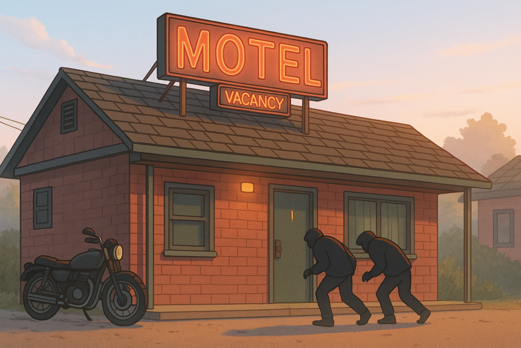 A young couple enters a rundown motel, trying to avoid attention.