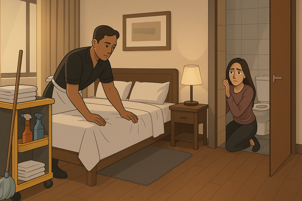 A hotel worker pauses near a bathroom, noticing familiar items belonging to his sister.