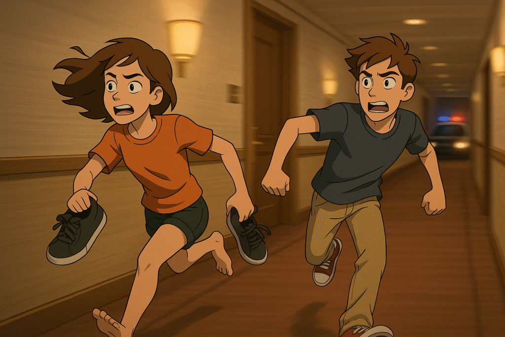 A teenage couple flees from a hotel through the back, racing against time.