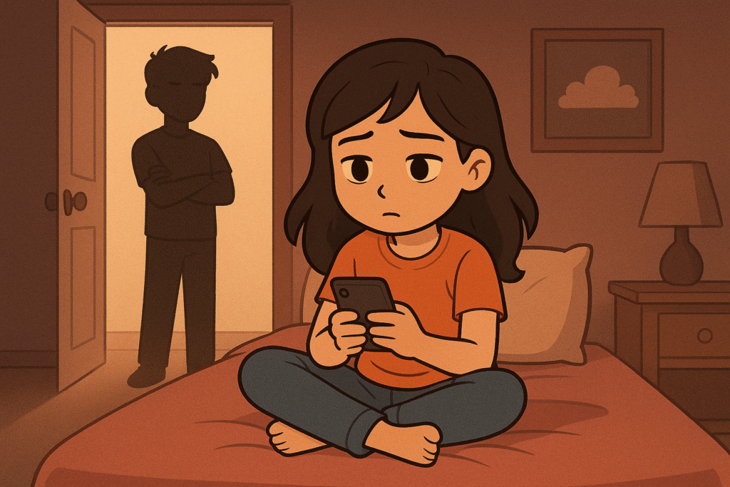 A teenage girl reflects on the night’s events while her protective older brother watches.