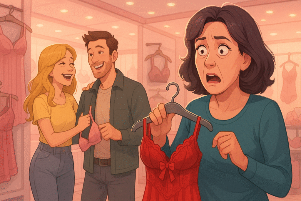 A mother freezes in disbelief as she spots her daughter with her own boyfriend in a lingerie shop.